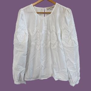 LOFT Pretty White Swiss Dot and Lace 100% Cotton Feminine LS Blouse/Top Size L